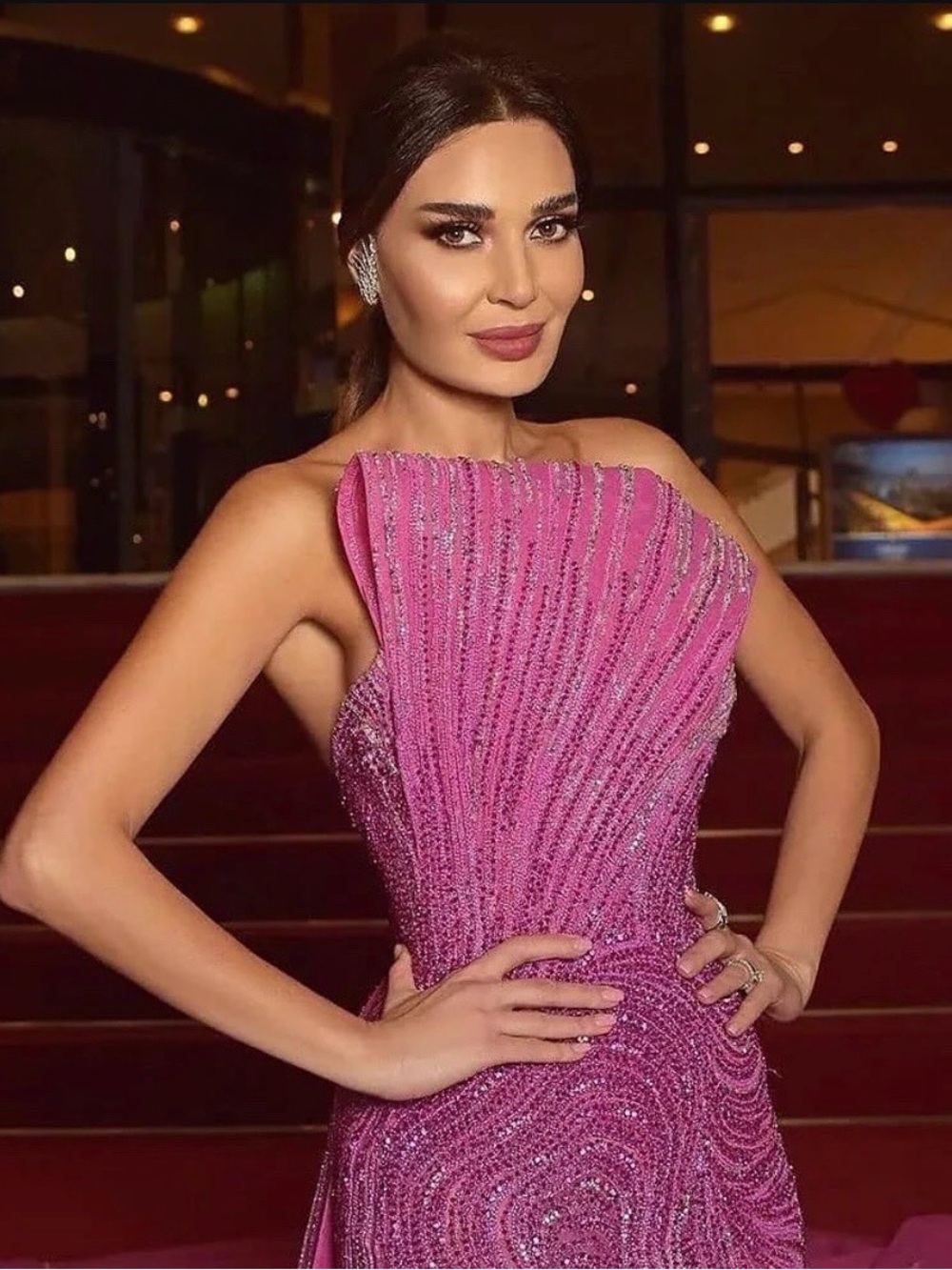 One-Shoulder Pink Sequined Evening Gown